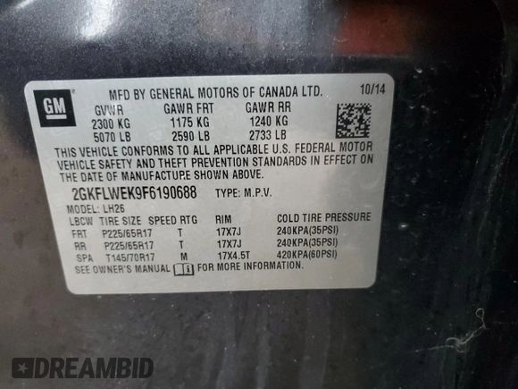 2015 GMC Terrain SLE with VIN 2GKFLWEK9F6190688, listed as a Copart auction lot 50065595 with 95,623 mi miles and Clean Title. Bid and sale history available at DreamBid. Image 16.