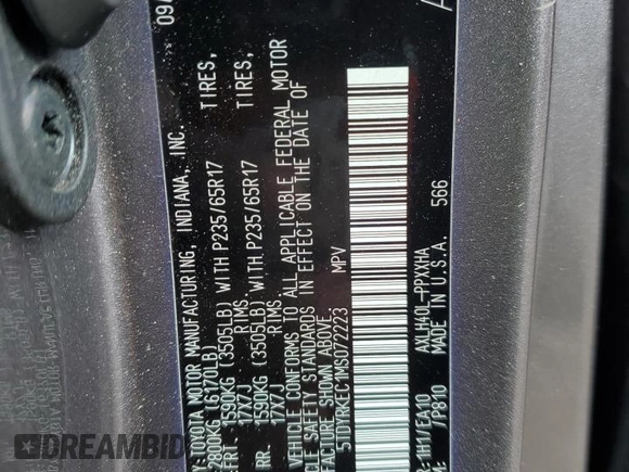 2021 Toyota Sienna XLE with VIN 5TDYRKEC1MS072223, listed as a Copart auction lot 45282985 with 81,311 mi miles and Salvage Title. Bid and sale history available at DreamBid. Image 15.