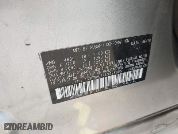 2020 Subaru Legacy Premium with VIN 4S3BWAC64L3028805, listed as a IAAI auction lot 42457334 with 89,632 mi miles and . Bid and sale history available at DreamBid. Image 9.