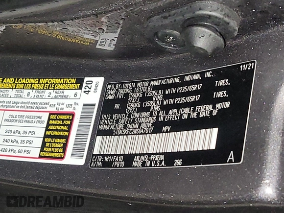 2022 Toyota Sienna LE с VIN 5TDKSKFC2NS047017, выставлен на аукционе IAAI как лот 42501101 с пробегом 155 942 миль миль и . История ставок и продаж доступна на DreamBid. Изображение 21.