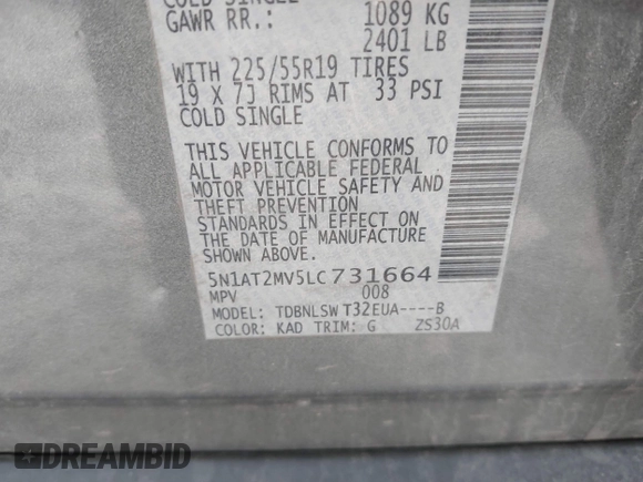 2020 Nissan Rogue S with VIN 5N1AT2MV5LC731664, listed as a IAAI auction lot 41832501 with 88,076 mi miles and . Bid and sale history available at DreamBid. Image 9.