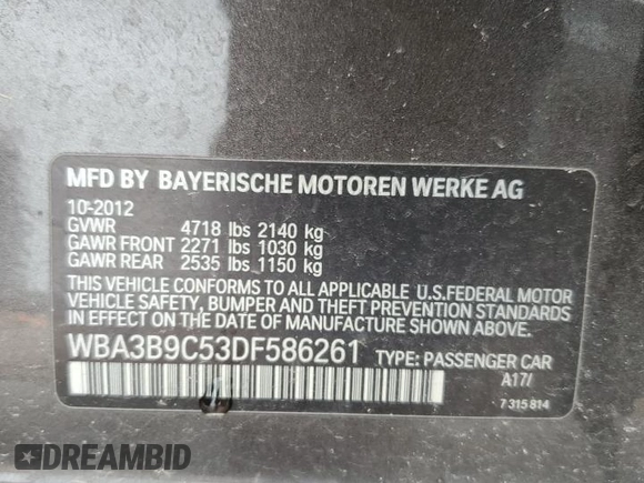 2013 BMW 3 Series 335i xDrive with VIN WBA3B9C53DF586261, listed as a Copart auction lot 45178365 with 123,893 mi miles and Salvage Title. Bid and sale history available at carsss.com. Image 14.