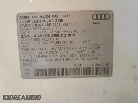 2016 Audi Q3 Premium Plus with VIN WA1BFCFS1GR023482, listed as a Copart auction lot 48429985 with 113,624 mi miles and Clean Title. Bid and sale history available at carsss.com. Image 13.