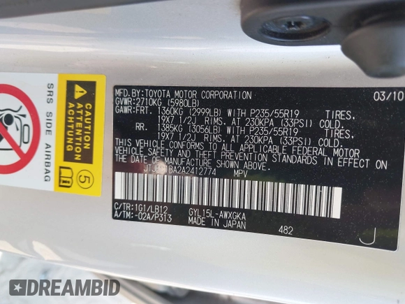 2010 Lexus RX 450h with VIN JTJBC1BA2A2412774, listed as a IAAI auction lot 42150247 with 148,920 mi miles and . Bid and sale history available at DreamBid. Image 9.