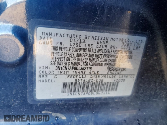 2013 Nissan Versa S Plus z VIN 3N1CN7AP0DL862116, wystawiony jako Copart lot #41641525 z przebiegiem 94 231 mil mil oraz Szkoda całkowita • Salvage title. Historia ofert i sprzedaży dostępna na DreamBid. Obrazek 13.