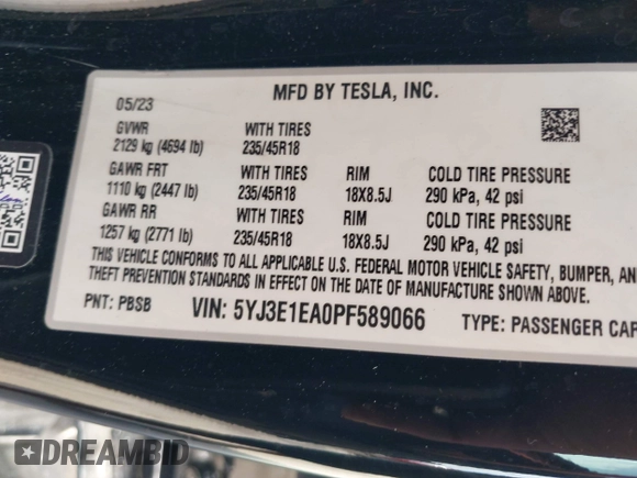2023 Tesla Model 3 с VIN 5YJ3E1EA0PF589066, выставлен на аукционе IAAI как лот 42508495 с пробегом Не указан миль и . История ставок и продаж доступна на DreamBid. Изображение 9.