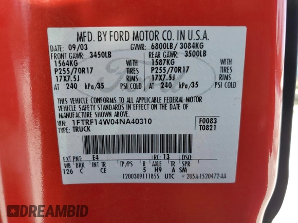 2004 Ford F-150 XL with VIN 1FTRF14W04NA40310, listed as a Copart auction lot 45214995 with 96,409 mi miles and Clean Title. Bid and sale history available at DreamBid. Image 12.