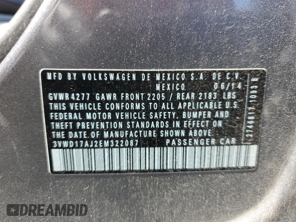 2014 Volkswagen Jetta SE with VIN 3VWD17AJ2EM322087, listed as a Copart auction lot 62571155 with 71,884 mi miles and Salvage title. Bid and sale history available at DreamBid. Image 12.