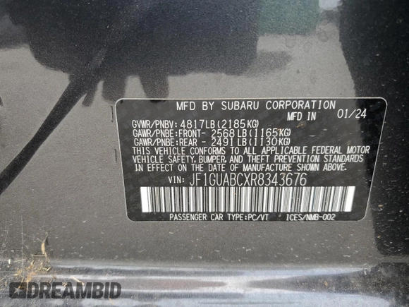 2024 Subaru Impreza with VIN JF1GUABCXR8343676, listed as a Copart auction lot 59534264 with 3,141 mi miles and Salvage Title. Bid and sale history available at carsss.com. Image 12.