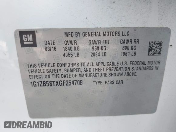 2016 Chevrolet Malibu LS z VIN 1G1ZB5STXGF254708, wystawiony jako IAAI lot #42429173 z przebiegiem 148 944 mil mil oraz . Historia ofert i sprzedaży dostępna na DreamBid. Obrazek 9.