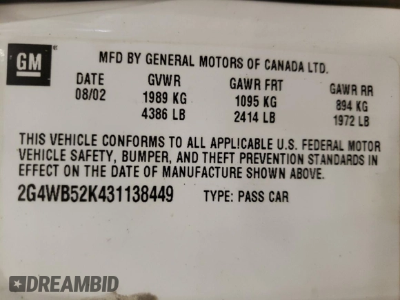 2003 Buick Regal LS with VIN 2G4WB52K431138449, listed as a Copart auction lot 70698054 with 189,145 mi miles and Salvage Title. Bid and sale history available at carsss.com. Image 12.