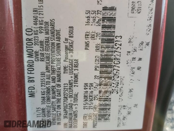 2016 Ford Fusion S with VIN 3FA6P0G77GR275213, listed as a Copart auction lot 65533915 with 263,522 mi miles and Clean title. Bid and sale history available at DreamBid. Image 12.
