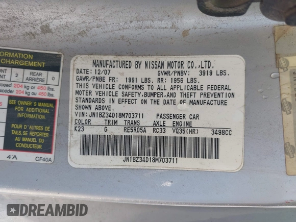 2008 Nissan 350Z with VIN JN1BZ34D18M703711, listed as a IAAI auction lot 41898623 with 116,245 mi miles. Bid and sale history available at carsss.com. Image 9.