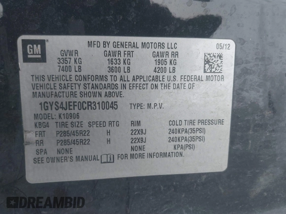 2012 Cadillac Escalade ESV Premium z VIN 1GYS4JEF0CR310045, wystawiony jako IAAI lot #41332306 z przebiegiem 166 676 mil mil oraz . Historia ofert i sprzedaży dostępna na DreamBid. Obrazek 9.