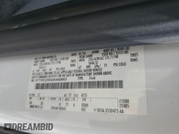 2016 Ford Transit Cargo with VIN 1FTYR1ZM3GKA60003, listed as a Copart auction lot 72225844 with 191,496 mi miles and Salvage Title. Bid and sale history available at DreamBid. Image 13.