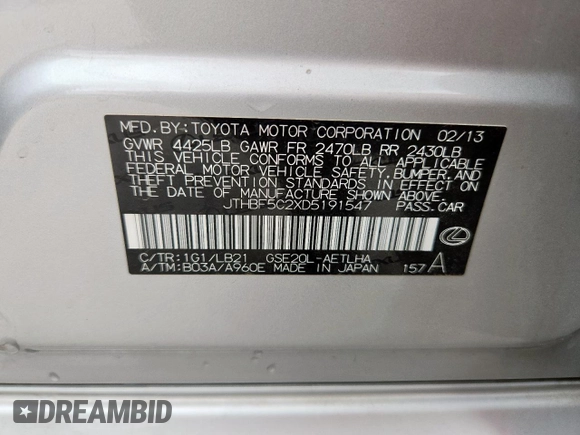 2013 Lexus IS 250 with VIN JTHBF5C2XD5191547, listed as a Copart auction lot 63489765 with 150,290 mi miles and Salvage title. Bid and sale history available at DreamBid. Image 13.