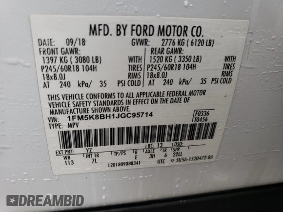 2018 Ford Explorer with VIN 1FM5K8BH1JGC95714, listed as a Copart auction lot 73201214 with 304,532 mi miles and Salvage title. Bid and sale history available at DreamBid. Image 14.
