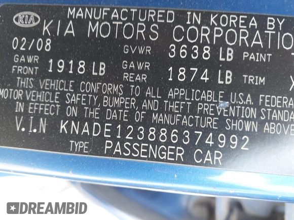 2008 Kia Rio LX with VIN KNADE123886374992, listed as a IAAI auction lot 42027536 with 129,916 mi miles and . Bid and sale history available at DreamBid. Image 9.