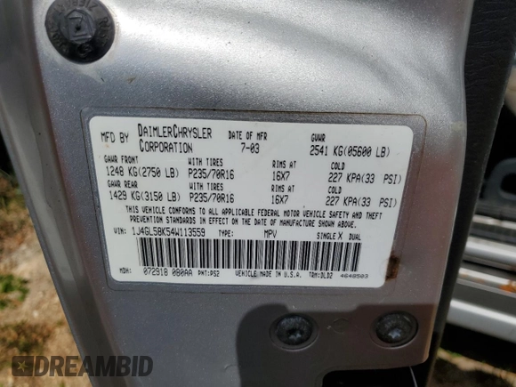 2004 Jeep Liberty Limited z VIN 1J4GL58K54W113559, wystawiony jako Copart lot #60642464 z przebiegiem Nie podano mil oraz Nie do naprawy • Non repairable. Historia ofert i sprzedaży dostępna na DreamBid. Obrazek 13.