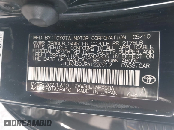 2010 Toyota Prius II with VIN JTDKN3DU9A1220919, listed as a IAAI auction lot 42256137 with 180,863 mi miles and . Bid and sale history available at DreamBid. Image 9.