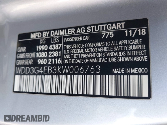 2019 Mercedes-Benz A 220 with VIN WDD3G4EB3KW006763, listed as a IAAI auction lot 41351270 with Not Provided miles and . Bid and sale history available at DreamBid. Image 8.