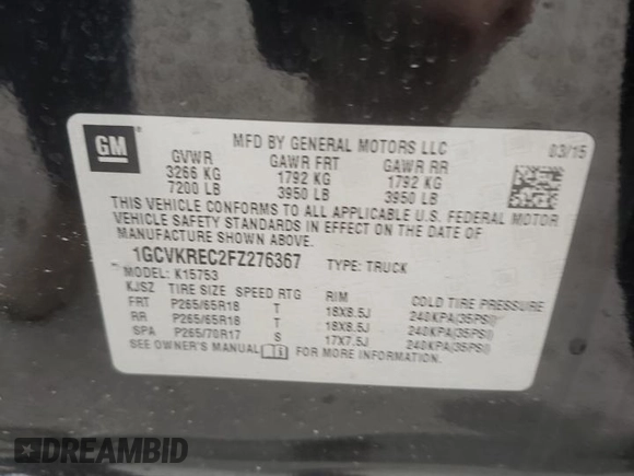 2015 Chevrolet Silverado 1500 LT with VIN 1GCVKREC2FZ276367, listed as a Copart auction lot 45243245 with 100,637 mi miles and Salvage Title. Bid and sale history available at carsss.com. Image 14.