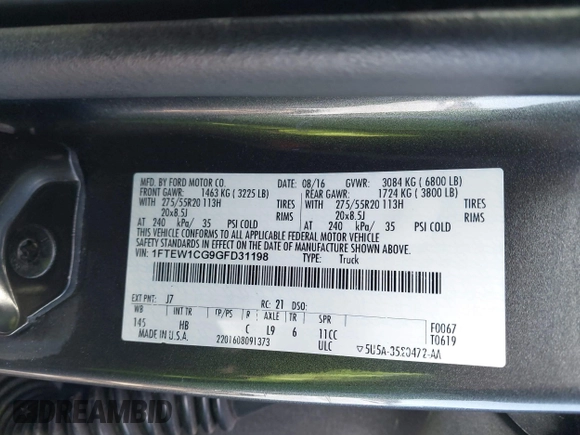 2016 Ford F-150 XL with VIN 1FTEW1CG9GFD31198, listed as a IAAI auction lot 41552374 with 168,888 mi miles and . Bid and sale history available at DreamBid. Image 9.