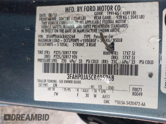 2012 Ford Fusion SEL with VIN 3FAHP0JA5CR405268, listed as a IAAI auction lot 41954832 with 87,421 mi miles and . Bid and sale history available at DreamBid. Image 9.