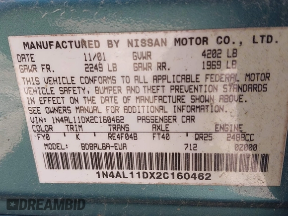 2002 Nissan Altima S with VIN 1N4AL11DX2C160462, listed as a IAAI auction lot 41888618 with 93,145 mi miles. Bid and sale history available at carsss.com. Image 9.