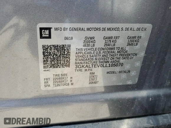 2020 GMC Terrain SLE with VIN 3GKALTEV0LL105070, listed as a Copart auction lot 63434055 with 75,991 mi miles and Clean title. Bid and sale history available at DreamBid. Image 13.