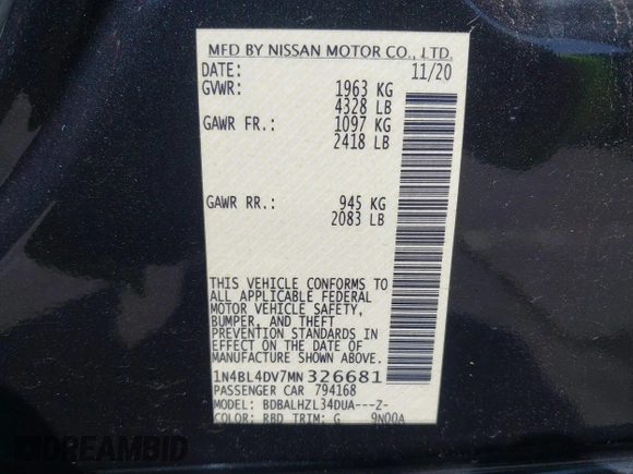 2021 Nissan Altima SV z VIN 1N4BL4DV7MN326681, wystawiony jako IAAI lot #42394402 z przebiegiem 94 775 mil mil oraz . Historia ofert i sprzedaży dostępna na DreamBid. Obrazek 9.