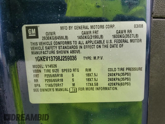 2008 GMC Acadia SLE1 z VIN 1GKEV13798J259036, wystawiony jako Copart lot #60144425 z przebiegiem 133 370 mil mil oraz Szkoda całkowita • Salvage title. Historia ofert i sprzedaży dostępna na DreamBid. Obrazek 13.