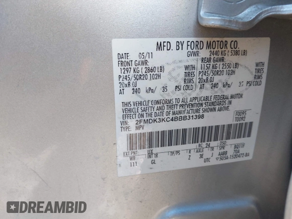 2011 Ford Edge Limited with VIN 2FMDK3KC4BBB31398, listed as a IAAI auction lot 42050908 with 148,521 mi miles and . Bid and sale history available at DreamBid. Image 9.