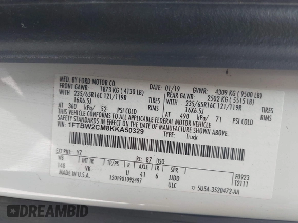 2019 Ford Transit with VIN 1FTBW2CM8KKA50329, listed as a IAAI auction lot 42112030 with 128,296 mi miles and . Bid and sale history available at DreamBid. Image 9.
