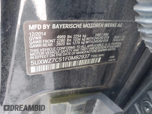 2015 BMW X3 sDrive28i with VIN 5UXWZ7C51F0M82937, listed as a IAAI auction lot 42028655 with 122,969 mi miles and . Bid and sale history available at DreamBid. Image 9.