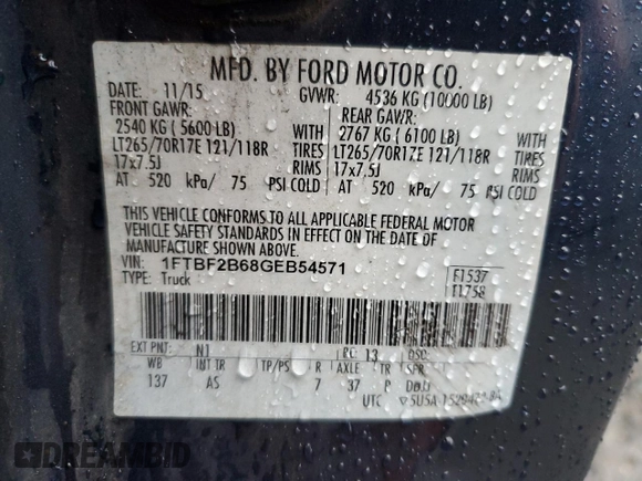 2016 Ford F-250 XLT с VIN 1FTBF2B68GEB54571, выставлен на аукционе Copart как лот 51584615 с пробегом 63 712 миль миль и Списание • Salvage title. История ставок и продаж доступна на DreamBid. Изображение 12.