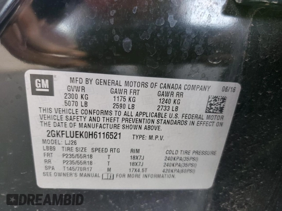 2017 GMC Terrain SLT with VIN 2GKFLUEK0H6116521, listed as a Copart auction lot 60702024 with 114,584 mi miles and Salvage Title. Bid and sale history available at carsss.com. Image 14.