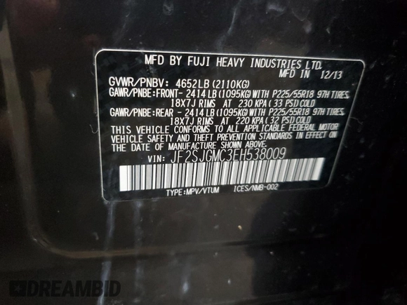 2014 Subaru Forester XT Touring with VIN JF2SJGMC3EH538009, listed as a Copart auction lot 54594985 with 94,055 mi miles and Non Repairable. Bid and sale history available at DreamBid. Image 12.