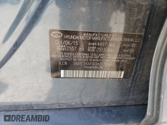 2016 Hyundai Sonata Sport with VIN 5NPE34AF4GH317266, listed as a Copart auction lot 52629985 with 128,672 mi miles and Salvage Title. Bid and sale history available at DreamBid. Image 12.