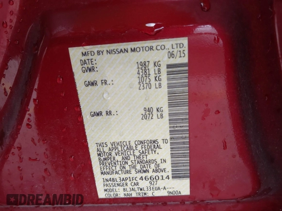 2015 Nissan Altima SL with VIN 1N4BL3AP1FC466014, listed as a IAAI auction lot 41715918 with 126,674 mi miles and . Bid and sale history available at carsss.com. Image 9.