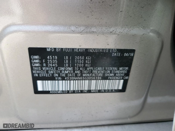 2016 Subaru Legacy 2.5i Limited with VIN 4S3BNAN65G3056196, listed as a Copart auction lot 44591065 with 121,987 mi miles and Salvage Title. Bid and sale history available at carsss.com. Image 13.