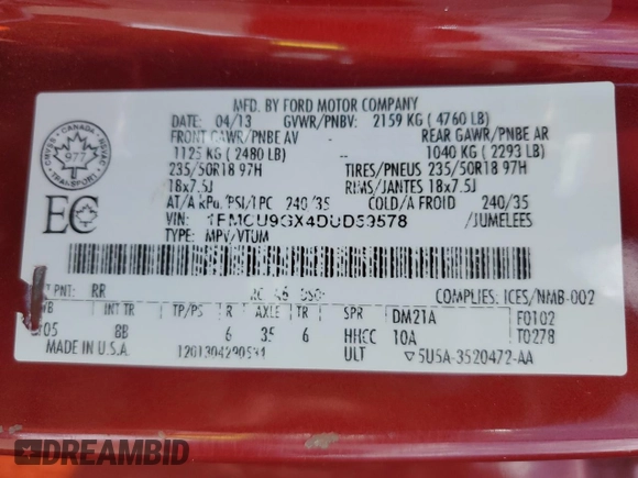 2013 Ford Escape SE z VIN 1FMCU9GX4DUD59578, wystawiony jako Copart lot #60839165 z przebiegiem 237 472 mil mil oraz Czysty tytuł • Clean title. Historia ofert i sprzedaży dostępna na DreamBid. Obrazek 13.