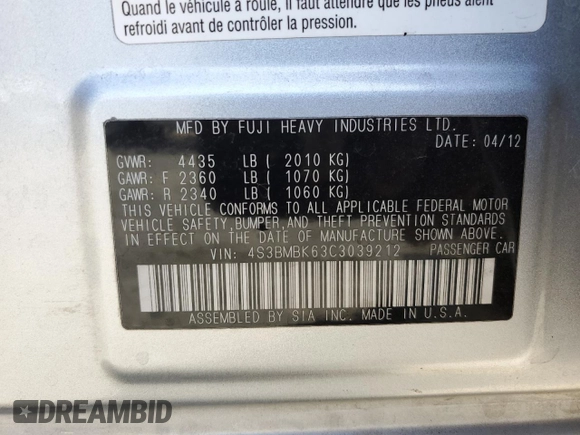 2012 Subaru Legacy Limited with VIN 4S3BMBK63C3039212, listed as a Copart auction lot 54097085 with 140,940 mi miles and Salvage Title. Bid and sale history available at carsss.com. Image 12.