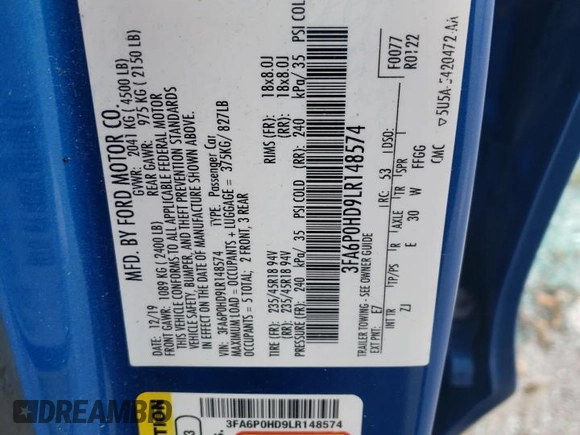 2020 Ford Fusion SE z VIN 3FA6P0HD9LR148574, wystawiony jako Copart lot #56694155 z przebiegiem 89 994 mil mil oraz Szkoda całkowita • Salvage title. Historia ofert i sprzedaży dostępna na DreamBid. Obrazek 12.