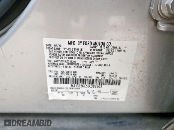 2020 Ford EcoSport SE with VIN MAJ3S2GE5LC382202, listed as a Copart auction lot 47591185 with 59,811 mi miles and Clean Title. Bid and sale history available at carsss.com. Image 13.