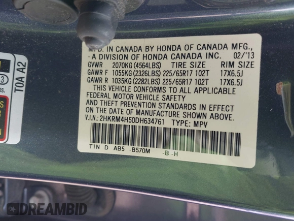 2013 Honda CR-V EX with VIN 2HKRM4H50DH634761, listed as a IAAI auction lot 41882899 with 70,535 mi miles. Bid and sale history available at carsss.com. Image 9.