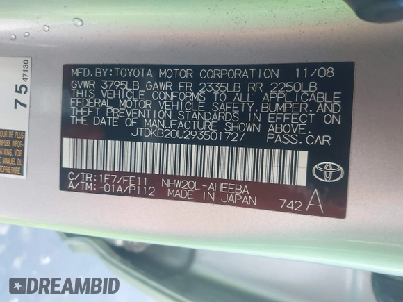 2009 Toyota Prius with VIN JTDKB20U293501727, listed as a IAAI auction lot 41571547 with 81,667 mi miles. Bid and sale history available at carsss.com. Image 9.