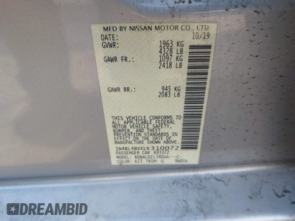 2020 Nissan Altima S z VIN 1N4BL4BVXLN310072, wystawiony jako IAAI lot #41576071 z przebiegiem 59 642 mil mil oraz . Historia ofert i sprzedaży dostępna na DreamBid. Obrazek 9.