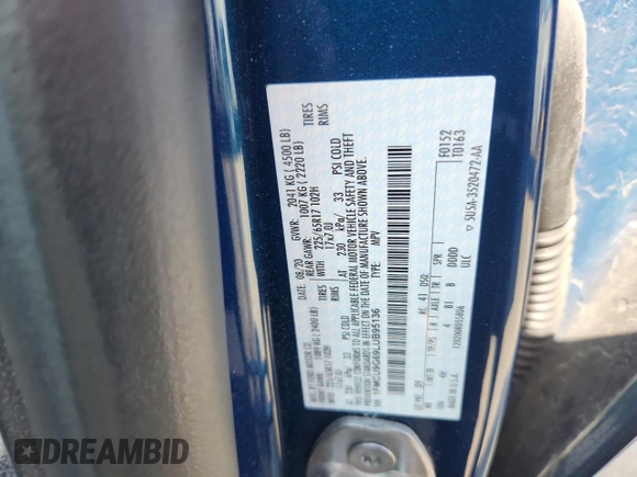 2020 Ford Escape SE z VIN 1FMCU9G69LUB95136, wystawiony jako Copart lot #59151365 z przebiegiem 47 863 mil mil oraz Szkoda całkowita • Salvage title. Historia ofert i sprzedaży dostępna na DreamBid. Obrazek 13.