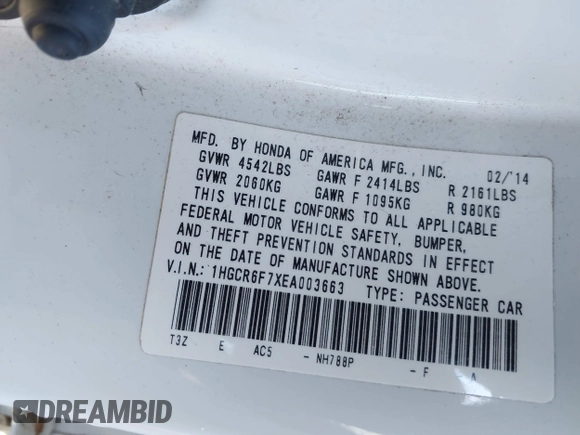 2014 Honda Accord Touring with VIN 1HGCR6F7XEA003663, listed as a IAAI auction lot 41327750 with 162,513 mi miles and . Bid and sale history available at DreamBid. Image 9.